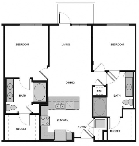 Floor plan for 2 beds, 2 baths, 1091 sqft